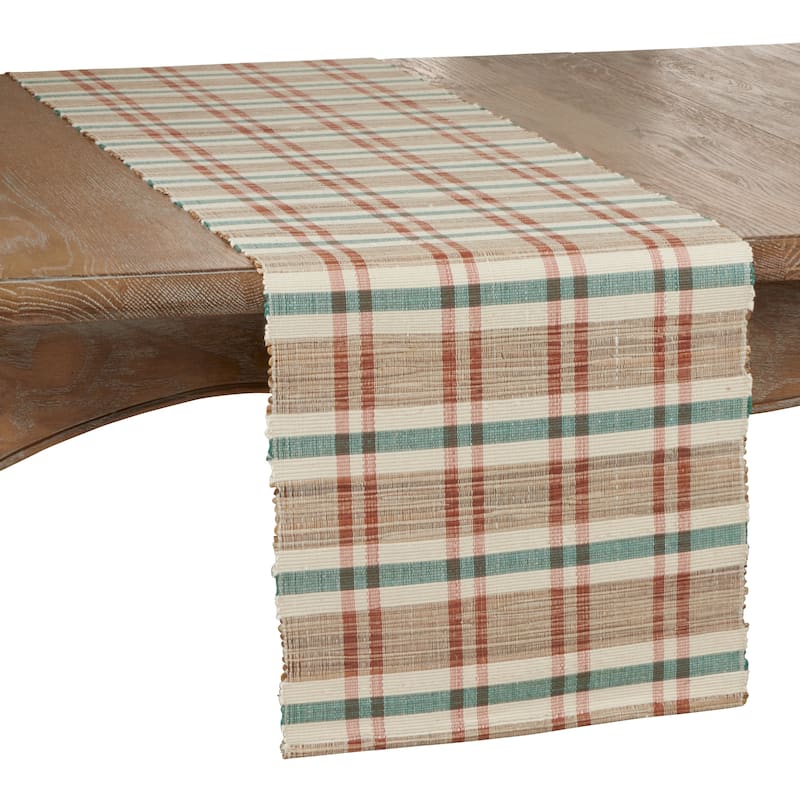 Table Runner With Plaid Woven Water Hyacinth Design - 16" x 72"