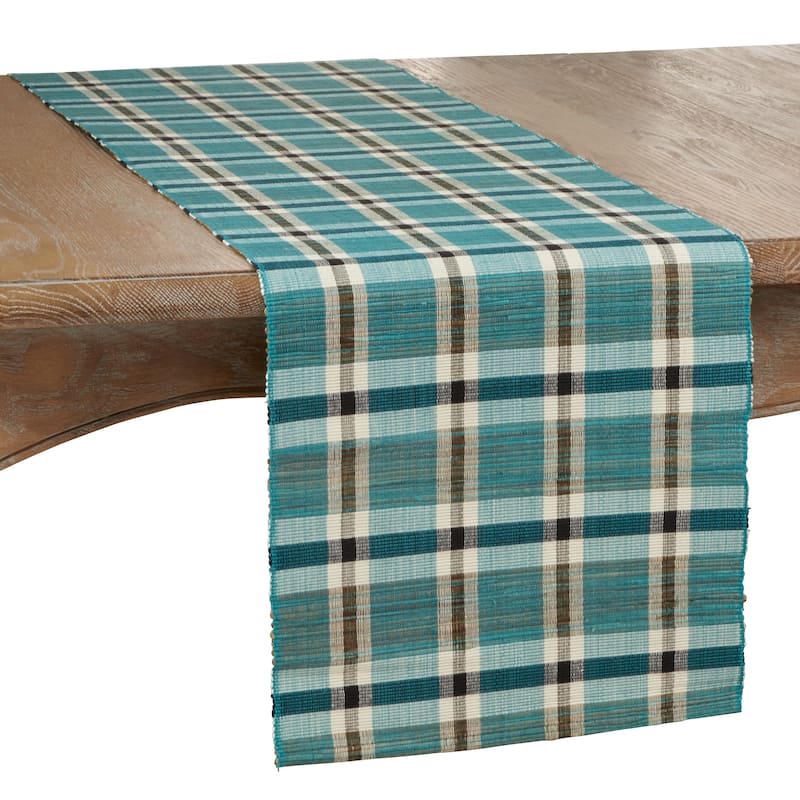 Table Runner With Plaid Woven Water Hyacinth Design - 16" x 72" - Turquoise