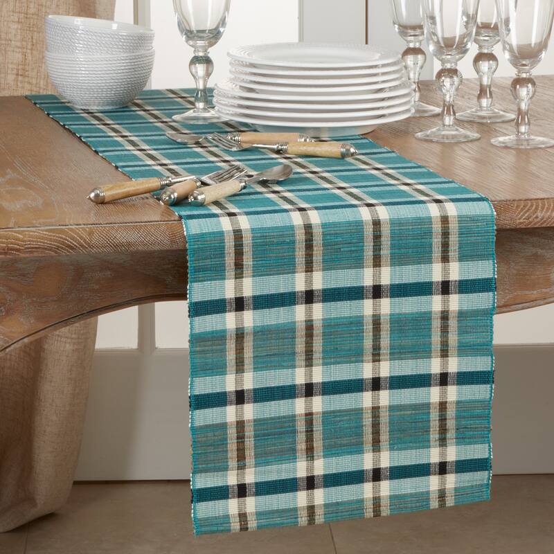 Table Runner With Plaid Woven Water Hyacinth Design - 16" x 72"