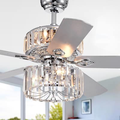 Perris 52-Inch 5-Blade Chrome Lighted Ceiling Fan with 2-Tier Crystal Shade Optional Remote (2 Color Option Blades)