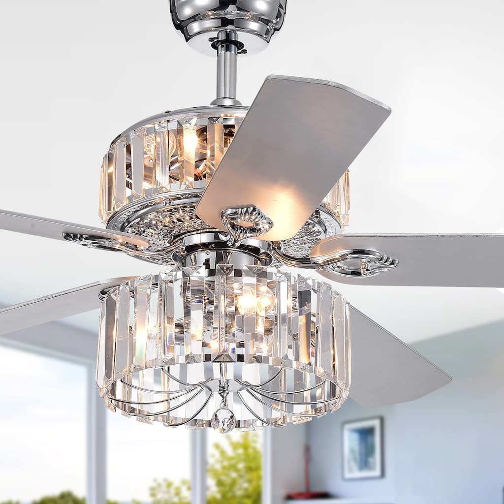Perris 52-Inch 5-Blade Chrome Lighted Ceiling Fan with 2-Tier Crystal Shade Optional Remote (2 Color Option Blades)