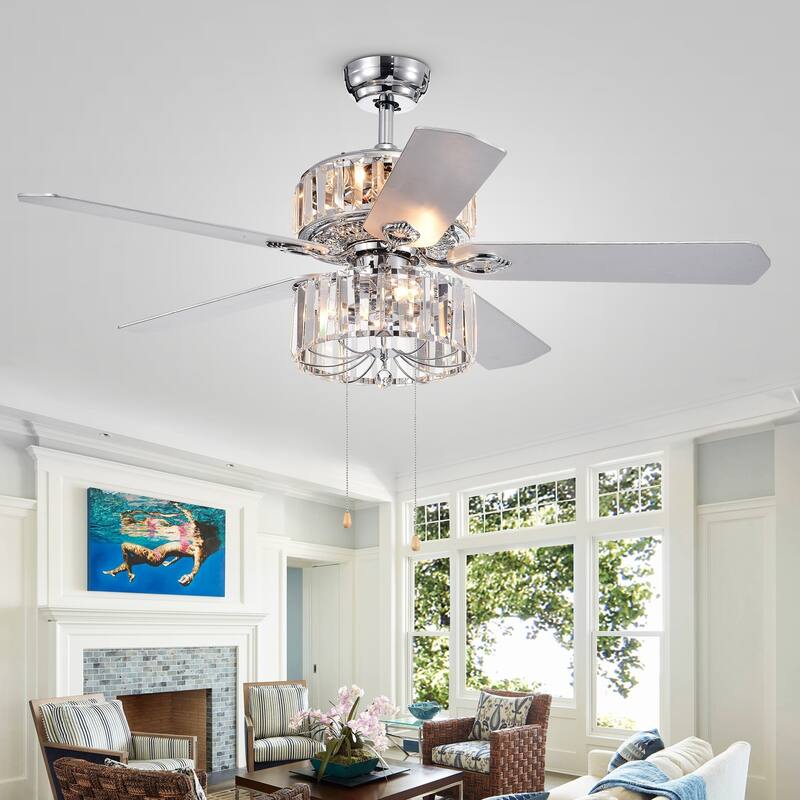 Perris 52-Inch 5-Blade Chrome Lighted Ceiling Fan with 2-Tier Crystal Shade Optional Remote (2 Color Option Blades)