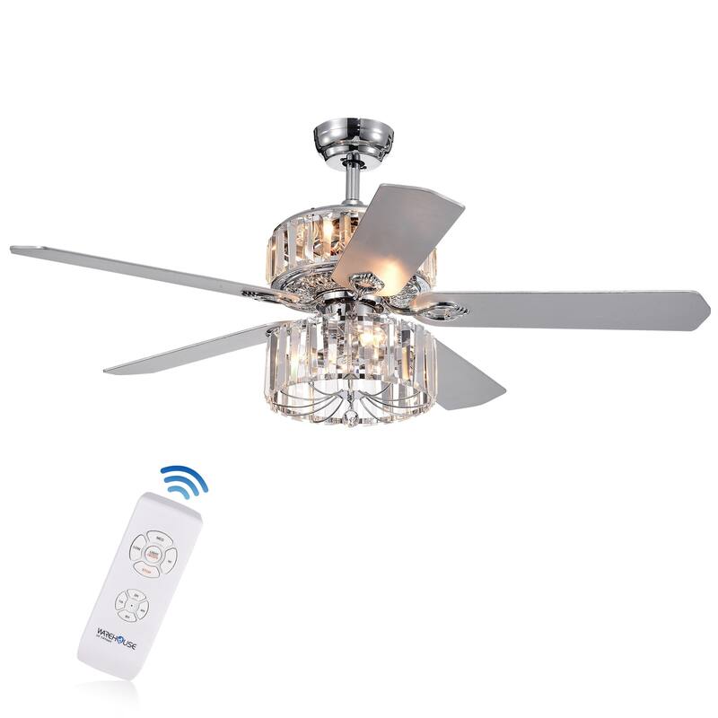 Perris 52-Inch 5-Blade Chrome Lighted Ceiling Fan with 2-Tier Crystal Shade Optional Remote (2 Color Option Blades)