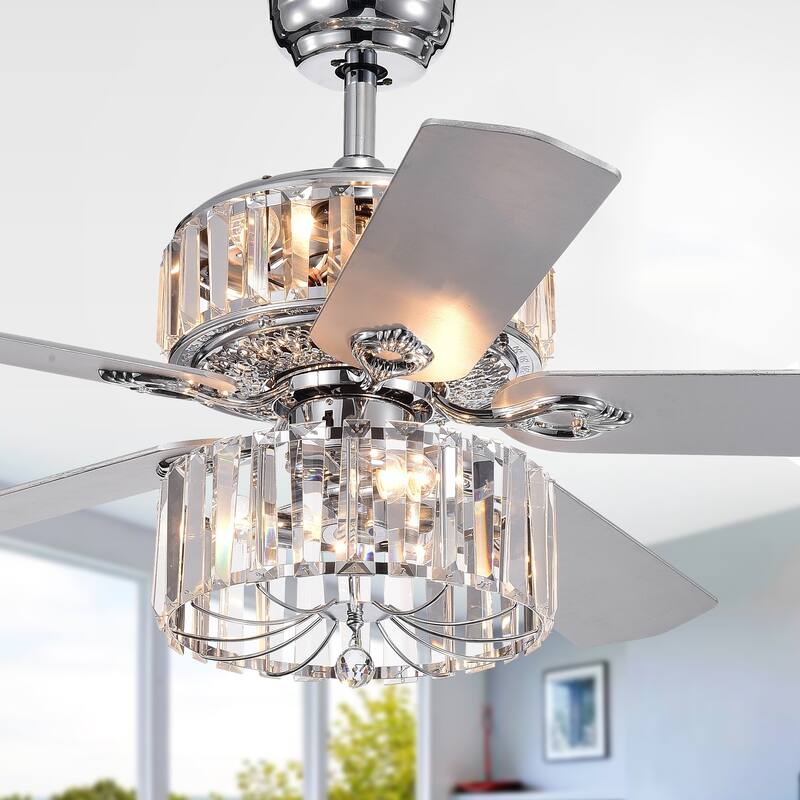 Perris 52-Inch 5-Blade Chrome Lighted Ceiling Fan with 2-Tier Crystal Shade Optional Remote (2 Color Option Blades)