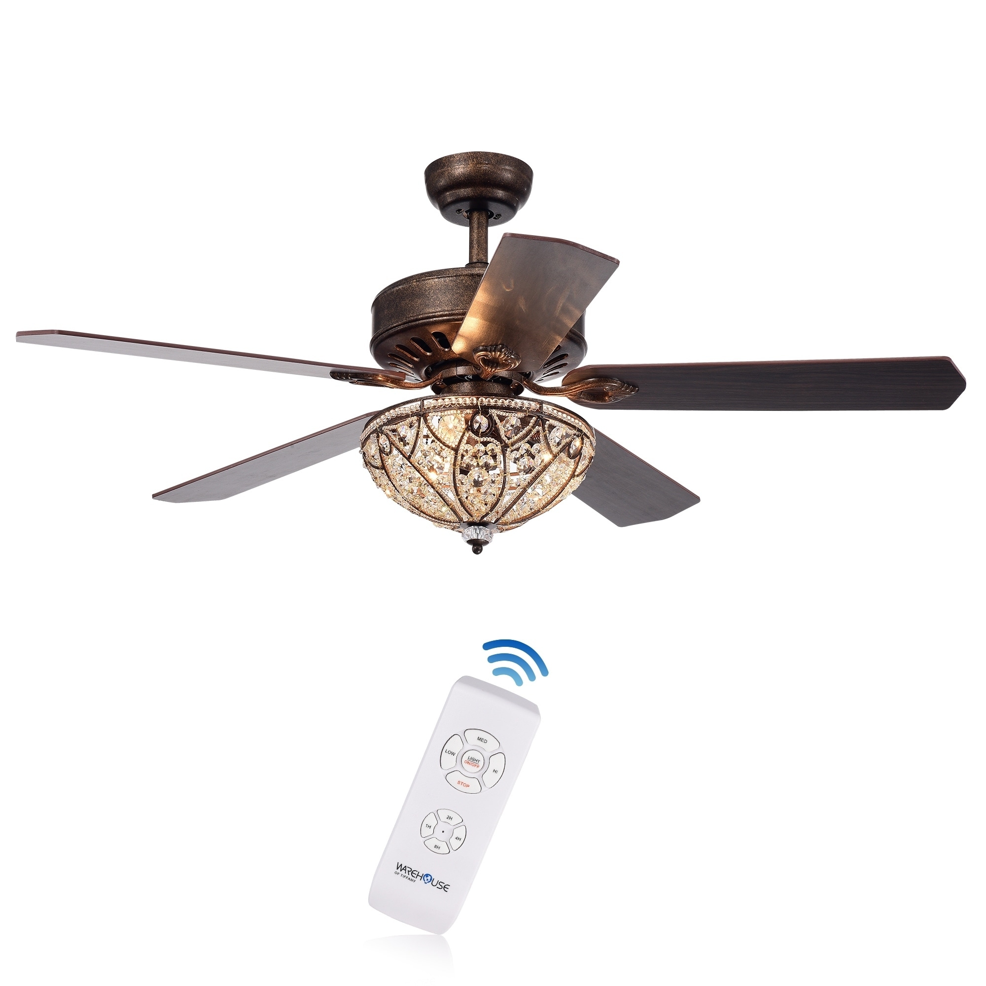 Gliska 52 Inch 5 Blade Rustic Bronze Lighted Ceiling Fans W Crystal Shade Optional Remote Control Incl 2 Color Option Blades