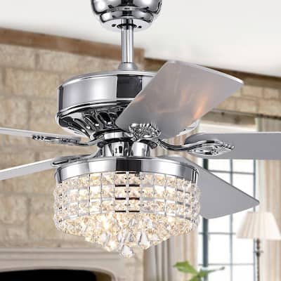 Letta Chrome 52-Inch 4-light 5-Blade Lighted Ceiling Fan Crystal Shade 2 Blade Colors (Optional Remote)