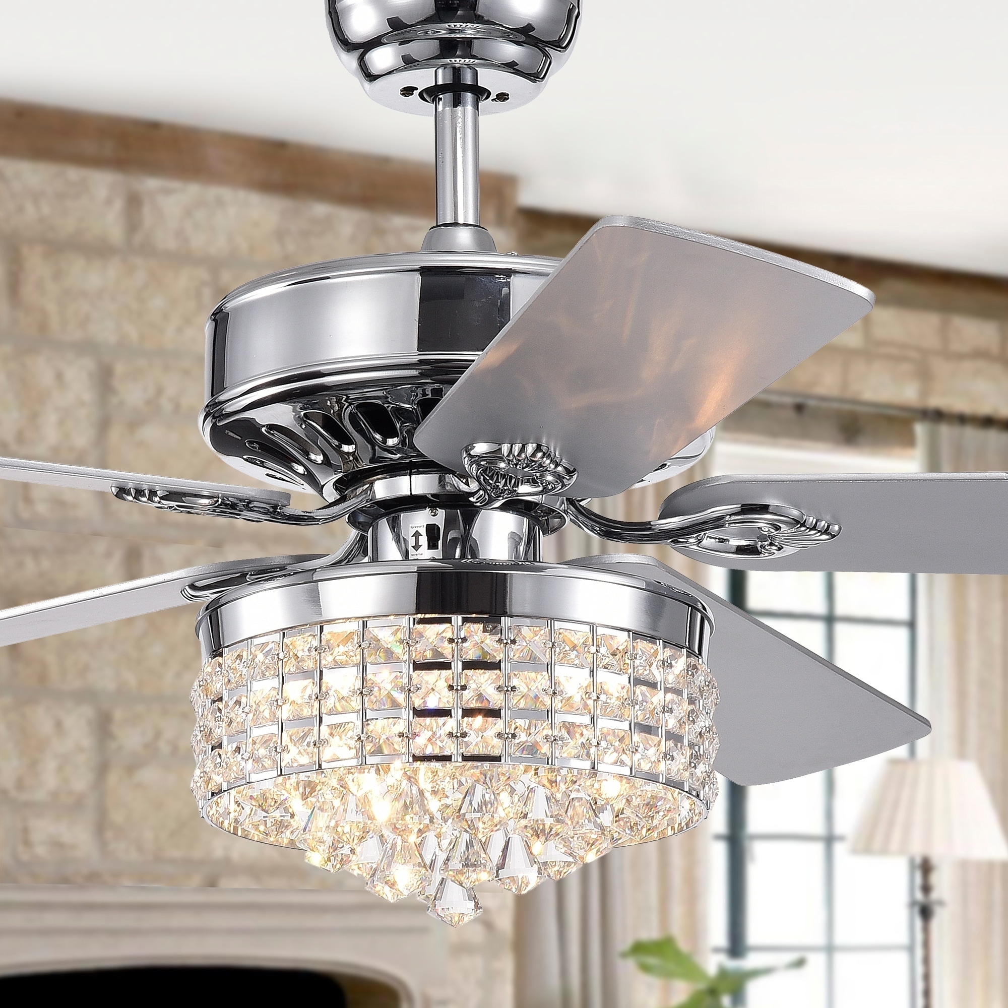 Warehouse of Tiffany Letta Chrome 52-Inch 4-light 5-Blade Lighted Ceiling Fan Crystal Shade 2 Blade Colors (Optional Remote)