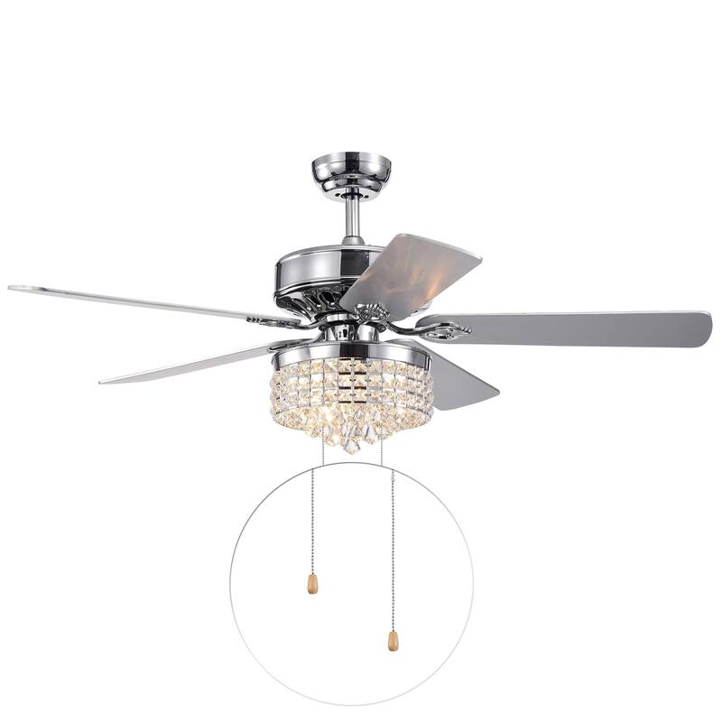 Letta Chrome 52-Inch 4-light 5-Blade Lighted Ceiling Fan Crystal Shade 2 Blade Colors (Optional Remote) - Pull Chain