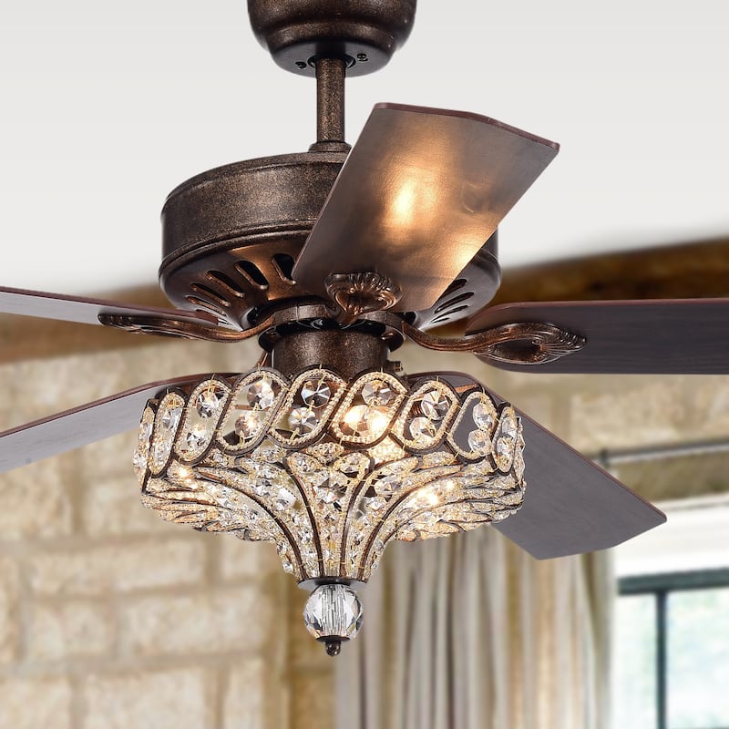 Pilette 5-Blade Antique Speckled Bronze Lighted Ceiling Fan w Crystal Shade Optional Remote Control (incl 2 Color Choice Blades)