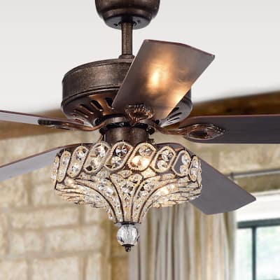 Pilette 5-Blade Antique Speckled Bronze Lighted Ceiling Fan w Crystal Shade Optional Remote Control (incl 2 Color Choice Blades)