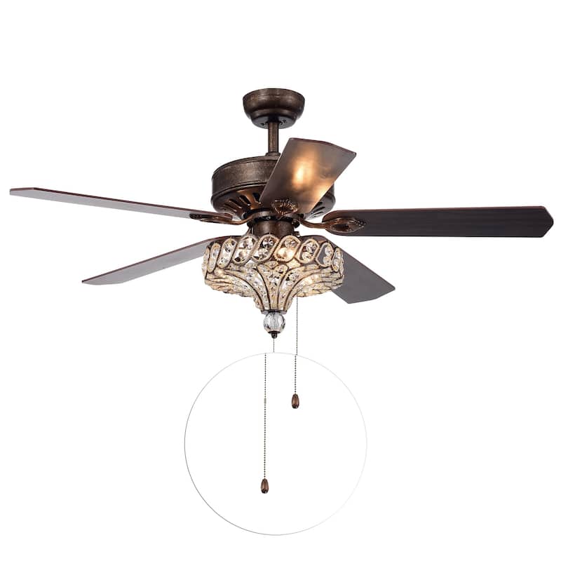 Pilette 5-Blade Antique Speckled Bronze Lighted Ceiling Fan w Crystal Shade Optional Remote Control (incl 2 Color Choice Blades) - Pull Chain