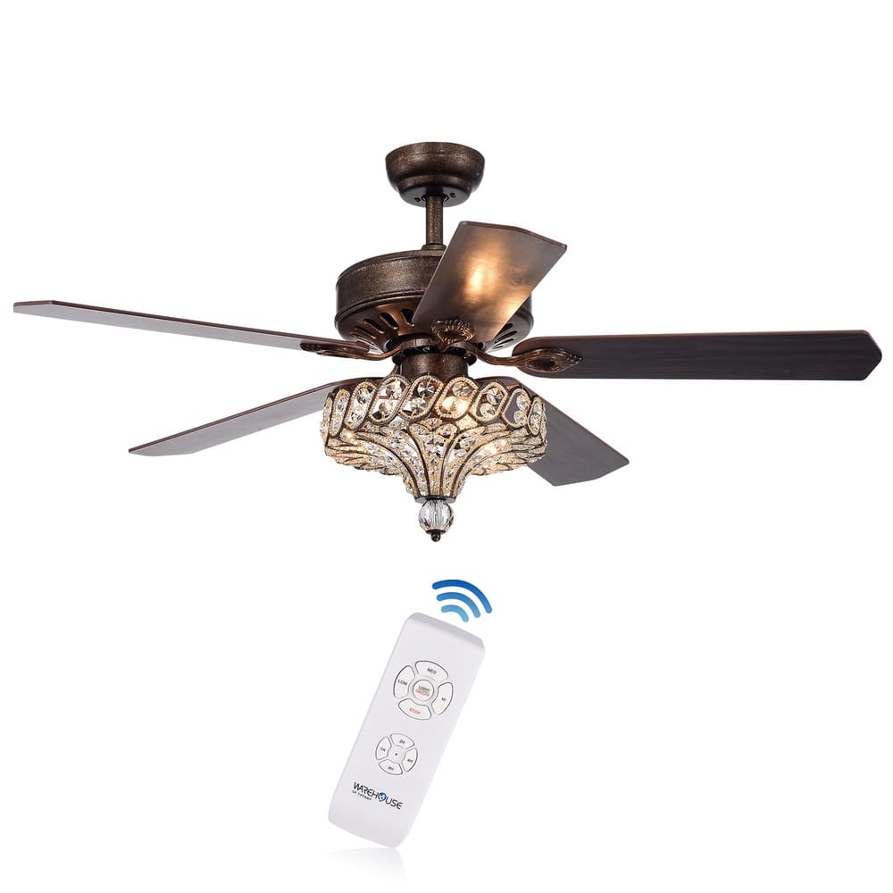 Pilette 5-Blade Antique Speckled Bronze Lighted Ceiling Fan w Crystal Shade Optional Remote Control (incl 2 Color Choice Blades)