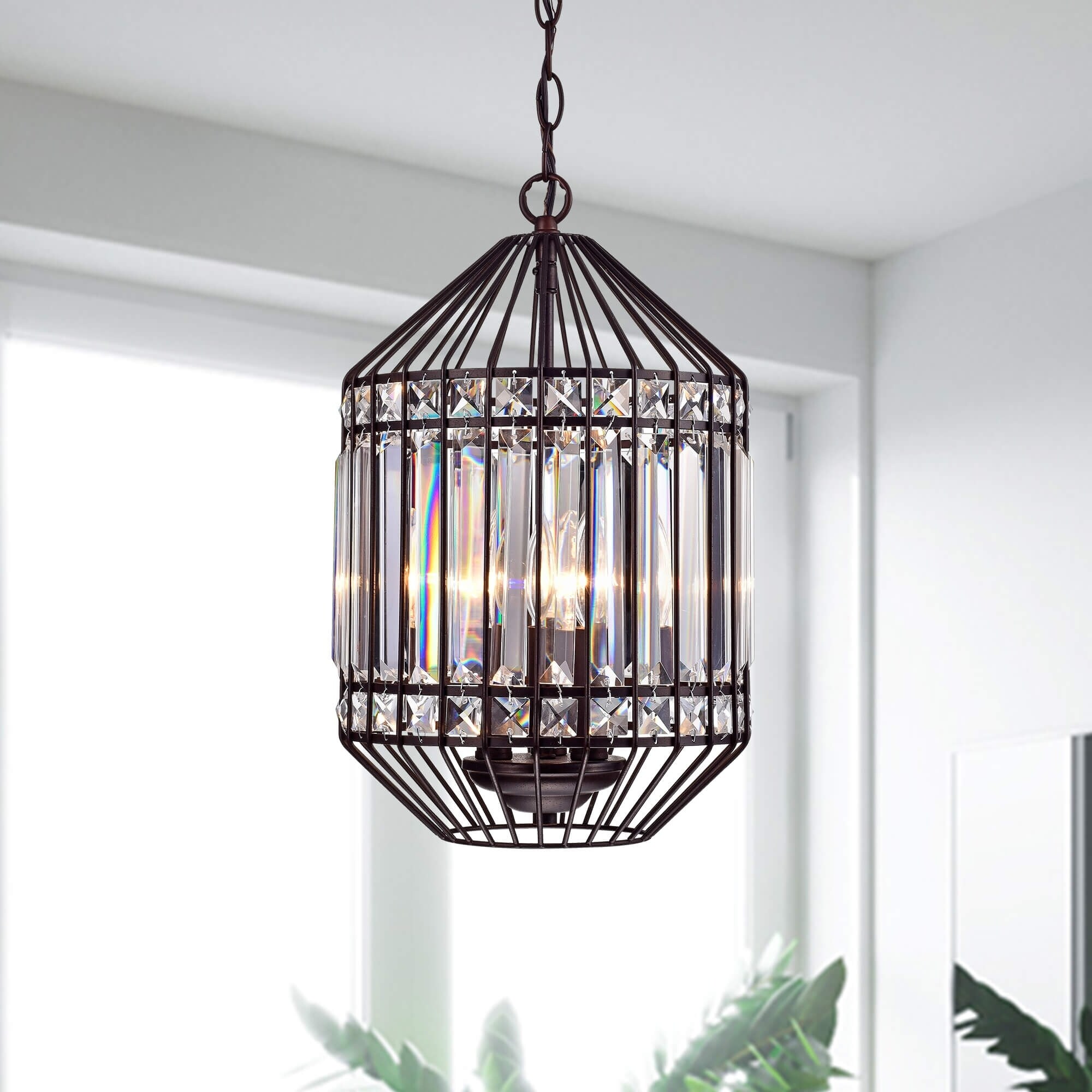 Justina Dark Brown 3-Light Crystal Prism Cage Pendant Chandelier - Chandeliers For Bedrooms by Overstock.com