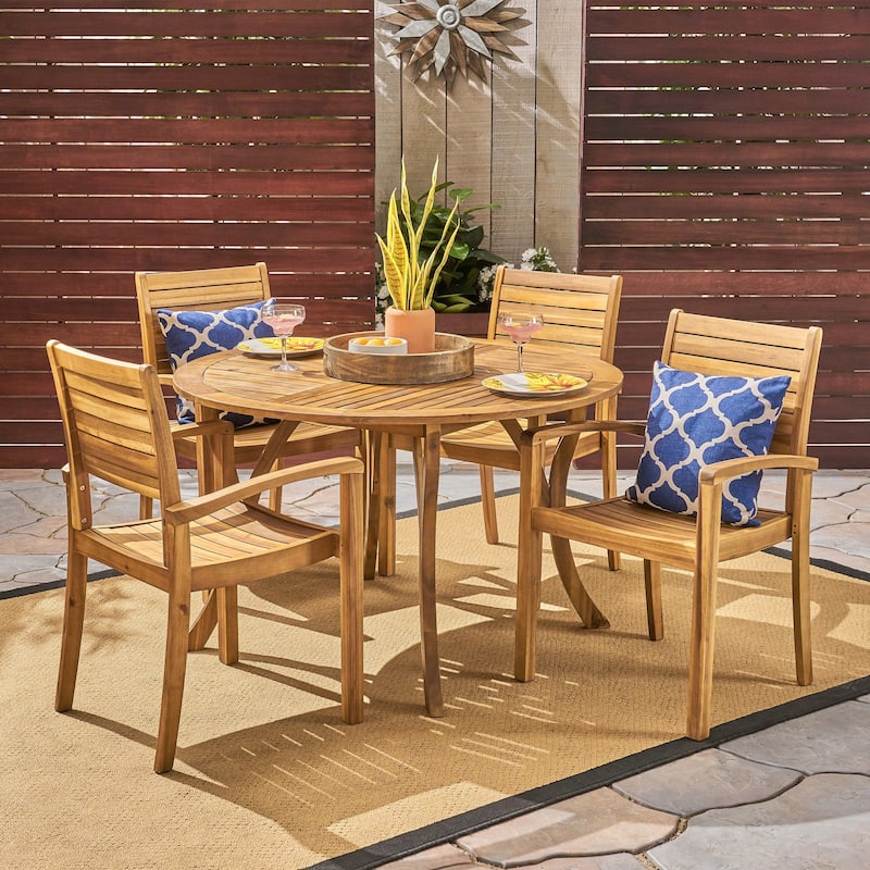 Wells Outdoor 4-Seater Round Acacia Wood Dining Set by Christopher Knight Home
