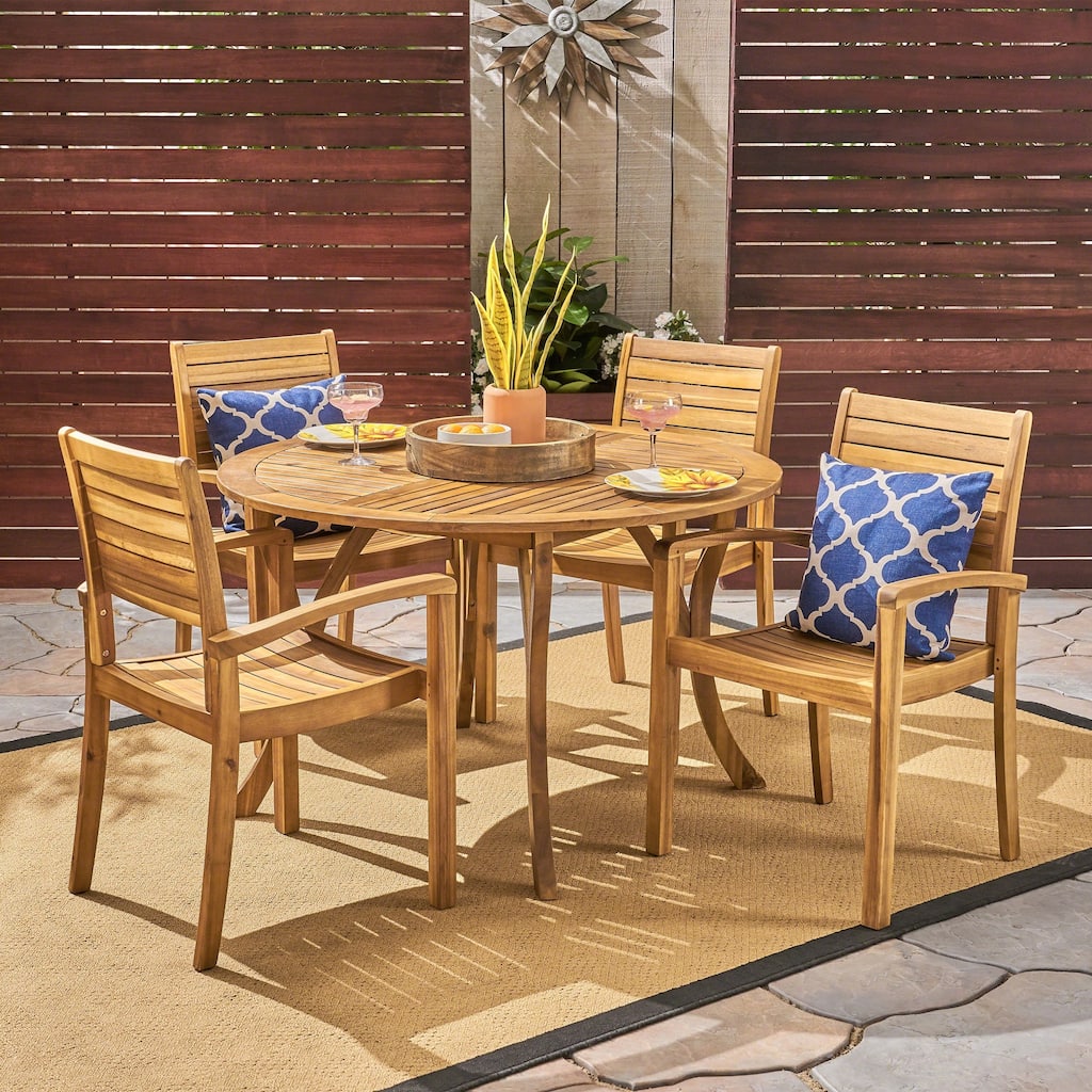 Wells Outdoor 4-Seater Round Acacia Wood Dining Set by Christopher Knight Home
