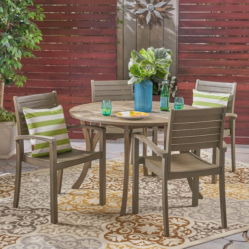 Wells Outdoor 4-Seater Round Acacia Wood Dining Set by Christopher Knight Home