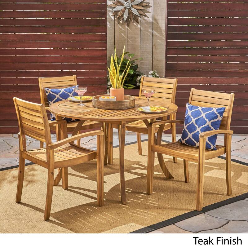 Wells Outdoor 4-Seater Round Acacia Wood Dining Set by Christopher Knight Home