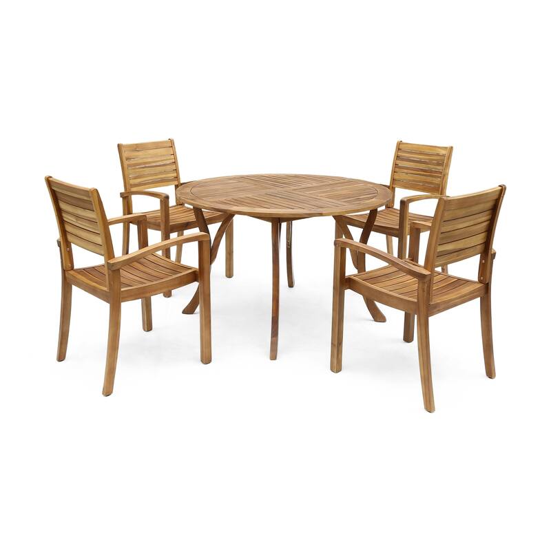Wells Outdoor 4-Seater Round Acacia Wood Dining Set by Christopher Knight Home - Teak