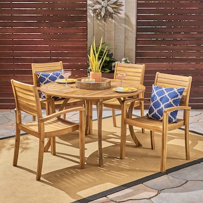 Wells Outdoor 4-Seater Round Acacia Wood Dining Set by Christopher Knight Home