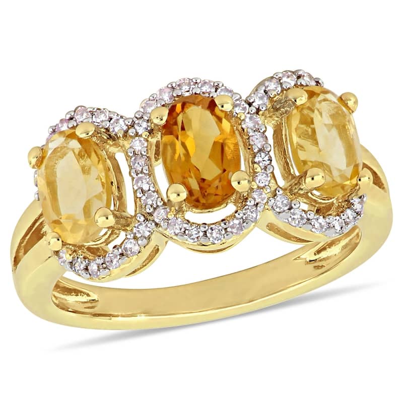 Miadora Yellow Plated Sterling Silver Citrine Madeira Citrine with 1/5ct TDW Diamond 3-Stone Halo Ring