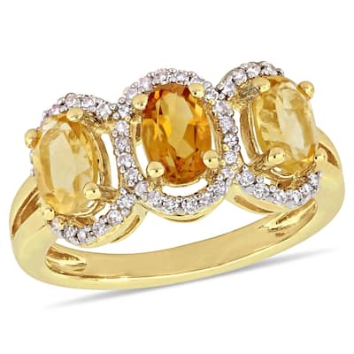Miadora Yellow Plated Sterling Silver Citrine Madeira Citrine with 1/5ct TDW Diamond 3-Stone Halo Ring