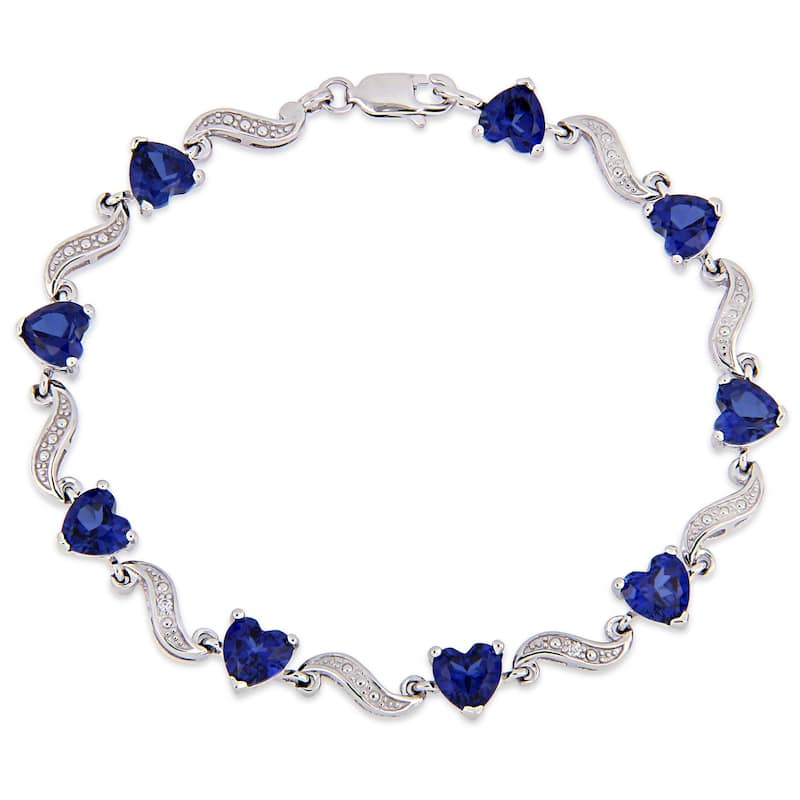 Miadora Sterling Silver Heart-Cut Created Blue Sapphire and Diamond Tennis Bracelet