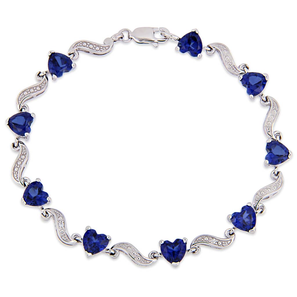 Miadora Sterling Silver Heart-Cut Created Blue Sapphire and Diamond Tennis Bracelet
