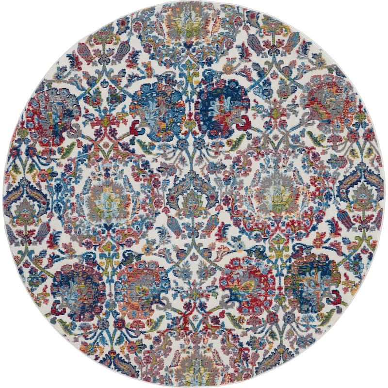 Nourison Global Vintage Ivory/Orange Damask Area Rug - 4' Round - Ivory/Blue - Runner/Round