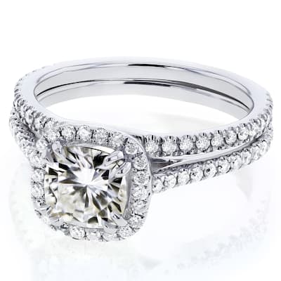 Annello by Kobelli 14k Gold 1 1/2ct TGW Moissanite and Lab Grown Diamond Halo Bridal Rings Set (HI/VS, DEF/VS)