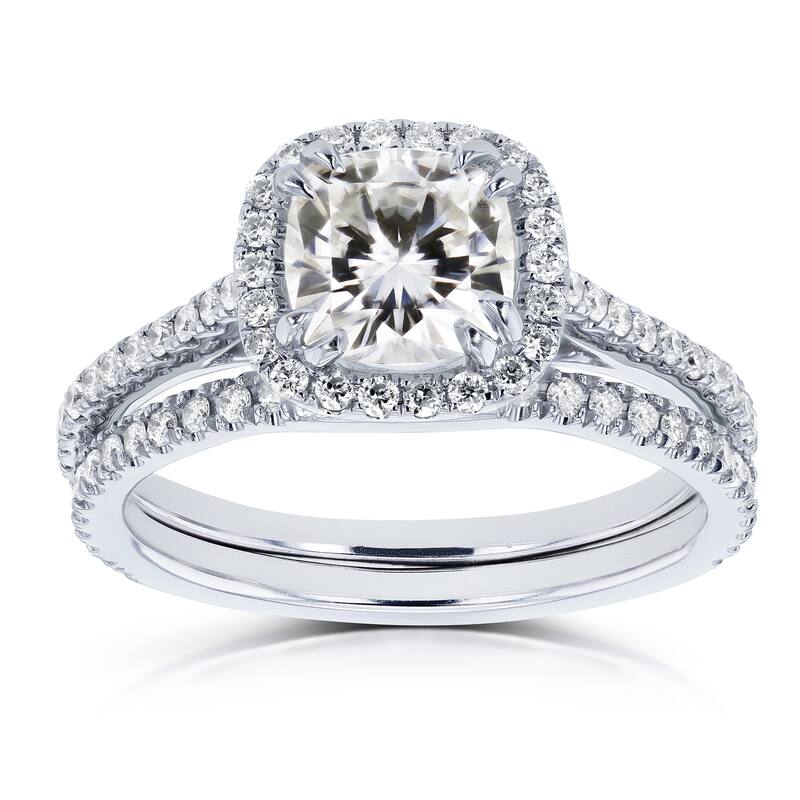 Annello by Kobelli 14k Gold 1 1/2ct TGW Moissanite and Lab Grown Diamond Halo Bridal Rings Set (HI/VS, DEF/VS)