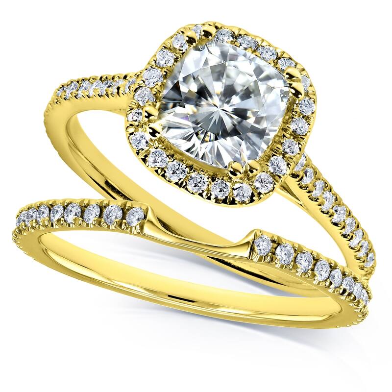 Annello by Kobelli 14k Gold 1 1/2ct TGW Moissanite and Lab Grown Diamond Halo Bridal Rings Set (HI/VS, DEF/VS)