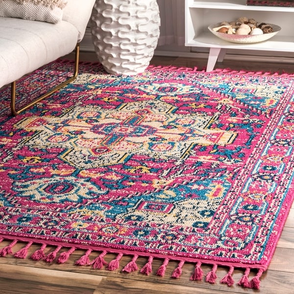 Nuloom Pink Traditional Bali Boho Chic Ornamental Aztec Fringed Nuloom Pink Traditional Bali Boho Chic Ornamental Aztec Fringed Area Rug