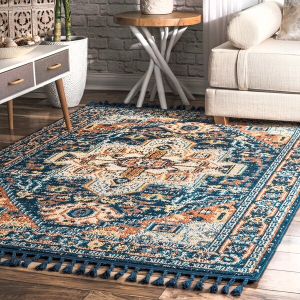 Nuloom Blue Traditional Bali Boho Chic Ornamental Aztec Fringed Nuloom Blue Traditional Bali Boho Chic Ornamental Aztec Fringed Area Rug