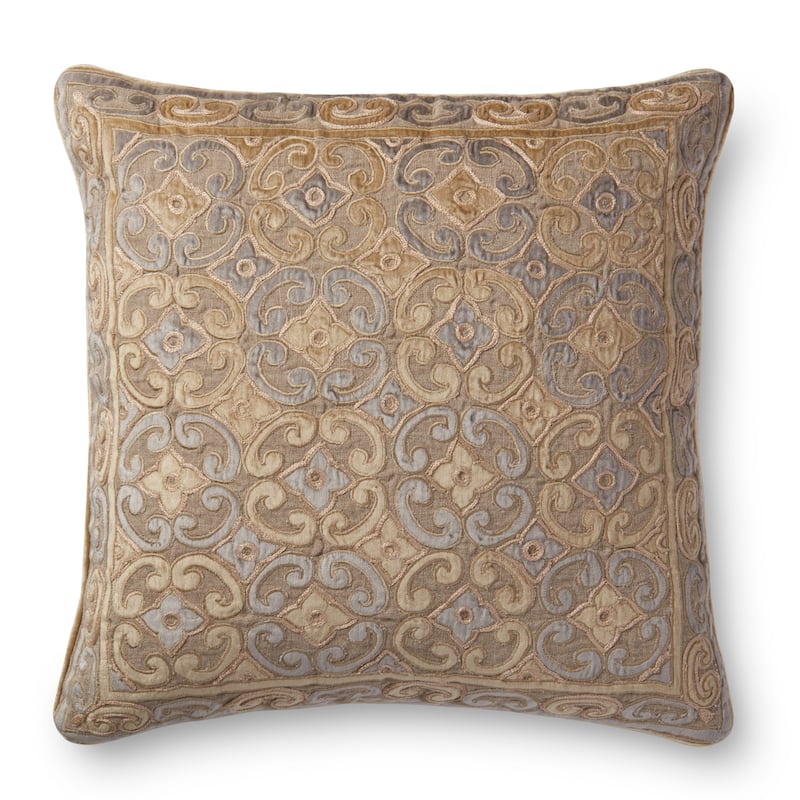 Traditional Medallion Cotton Velvet Applique 22-inch Pillow Cover - Beige/Silver