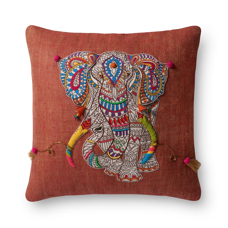 Boho Rust Beaded Elephant Applique 18-inch Pillow Cover