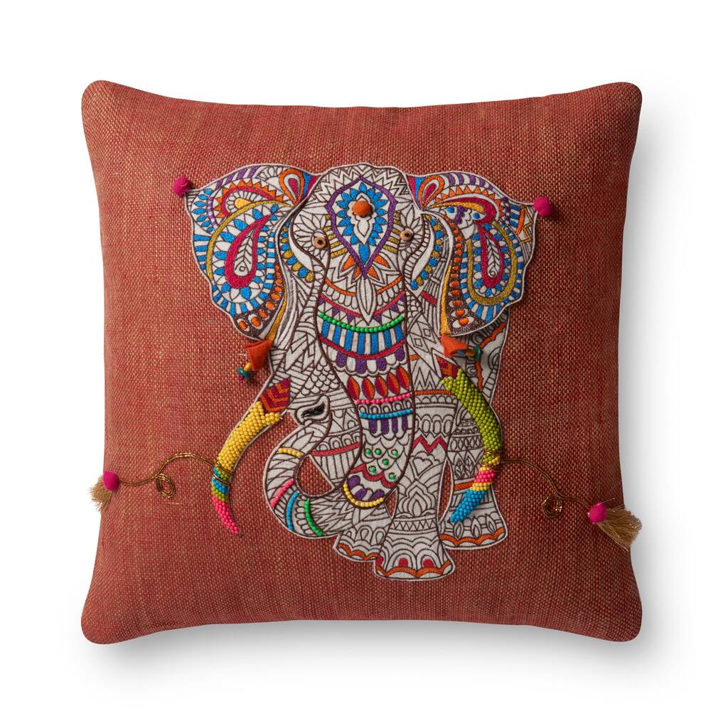 Boho Rust Beaded Elephant Applique 18-inch Throw Pillow