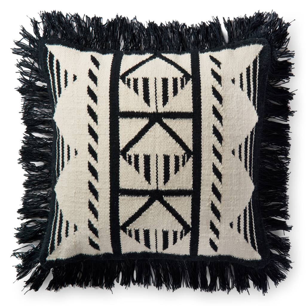 Indoor/ Outdoor Black/ Ivory Southwest 22-inch Pillow Cover with Fringe