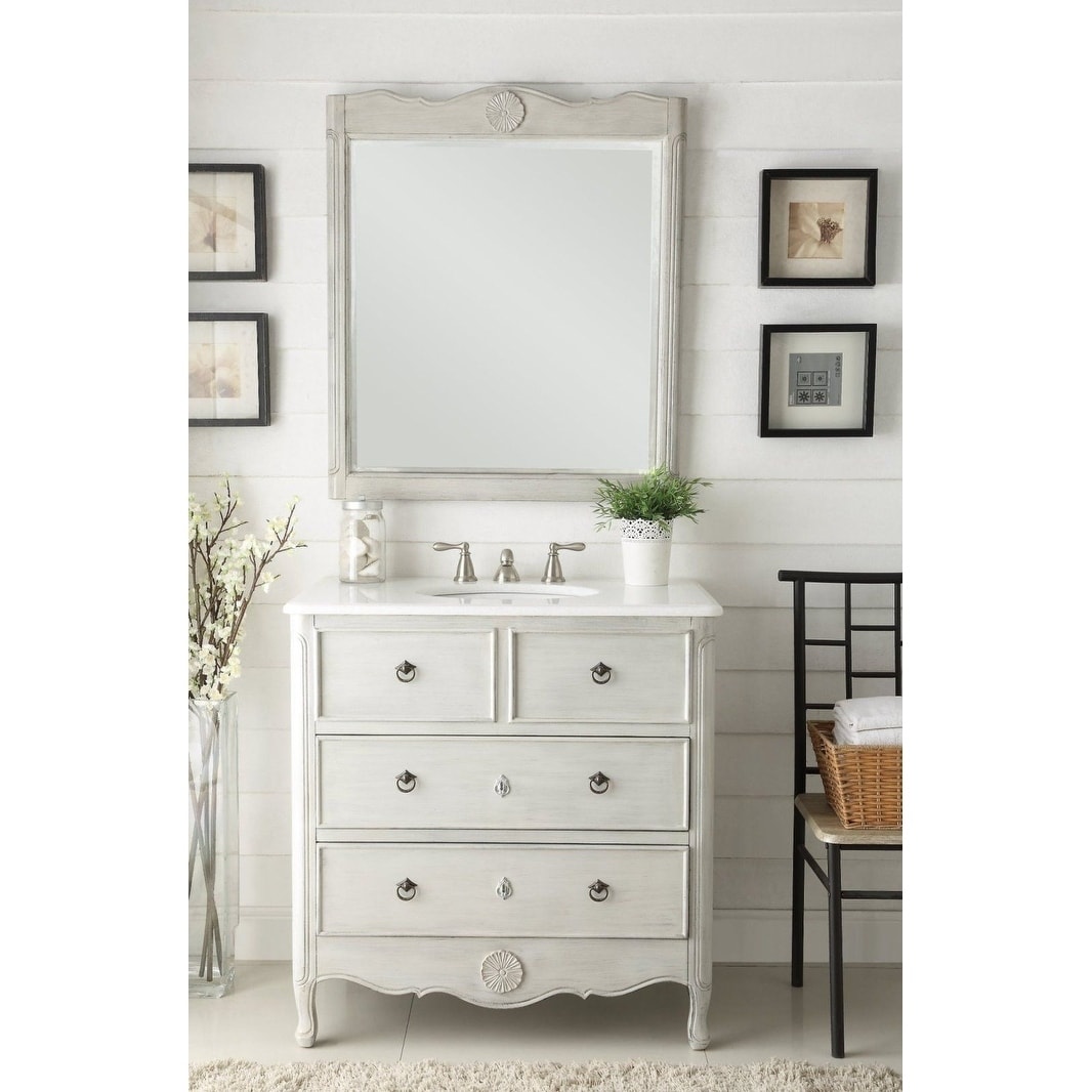 Benton Collection 34 Inch Cottage Distressed Gray Daleville Bathroom Vanity with Mirror, Single Sink, Fully Assembled