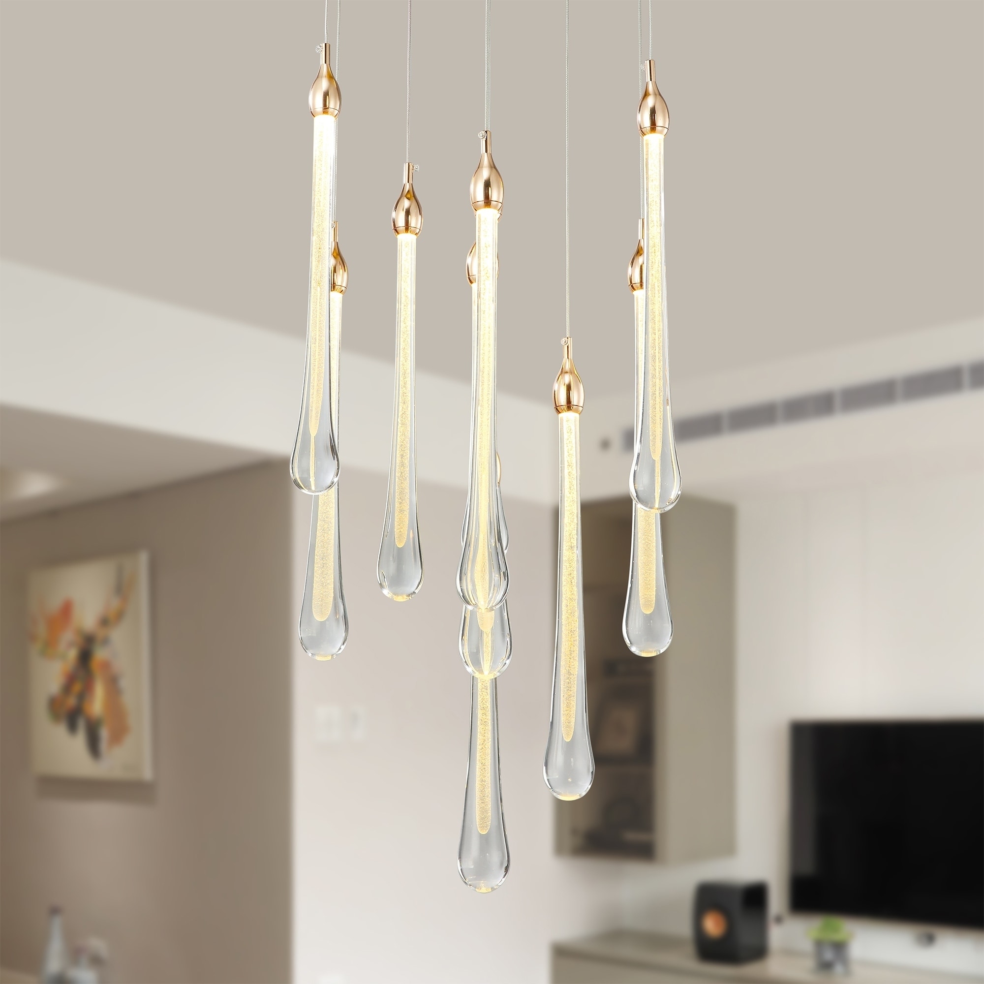 Valter Gold LED Pendant Chandelier with 10 Lighted Glass Rods (Adjustable Height) - Chandeliers For Bedrooms by Overstock.com