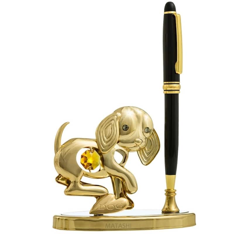 Elegant Metal Dog Figurine Puppy Pen Set (Black Ballpoint) Table Top Ornament by Matashi Choose from Gold and Silver