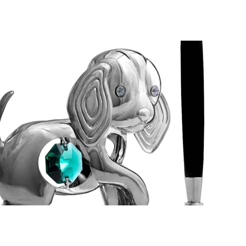 Elegant Metal Dog Figurine Puppy Pen Set (Black Ballpoint) Table Top Ornament by Matashi Choose from Gold and Silver