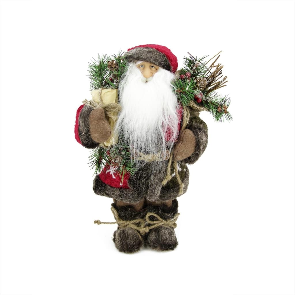 12" Rustic Santa Claus with Burlap Sack Standing Christmas Figure.