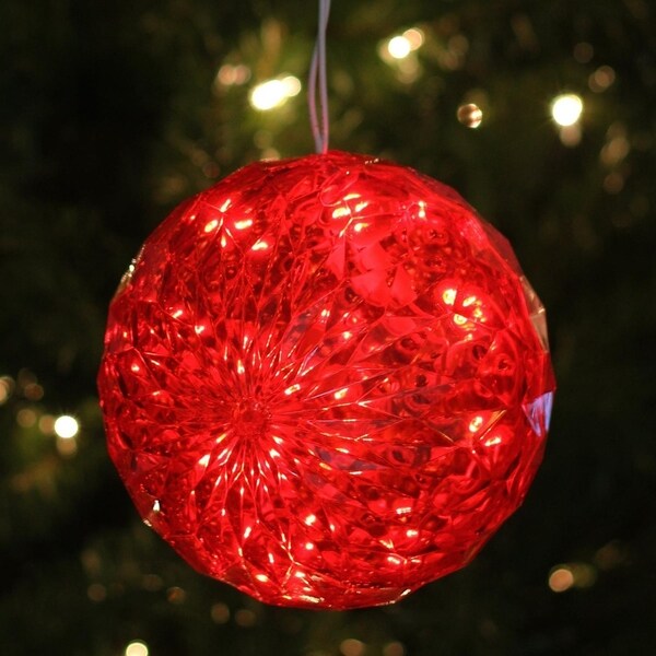 6 Red LED Lighted Hanging Christmas Crystal Sphere Ball Outdoor Decoration