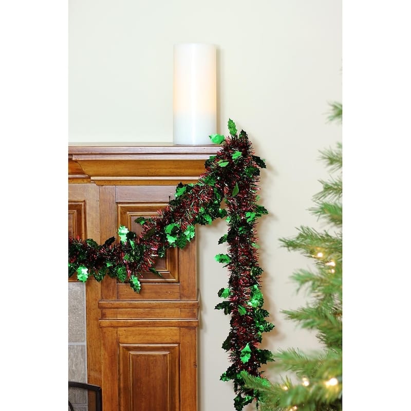 50' Shiny Red and Green 8 Ply Christmas Tinsel Garland with Green Holly ...