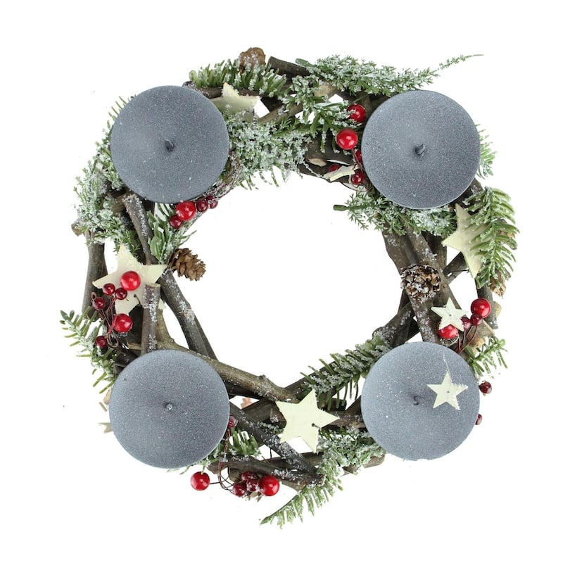 12" Frosted Pine Pine Cones Berries and Stars Twig Advent Pillar Candle