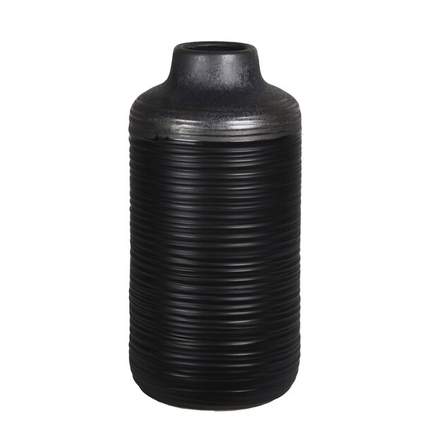 Large Black Ribbed And Gray Ceramic Vase