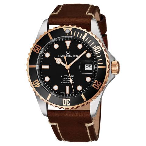 Revue Thommen Men's 'Diver' Black Dial Light Brown Leather Strap Two Tone Swiss Automatic Watch