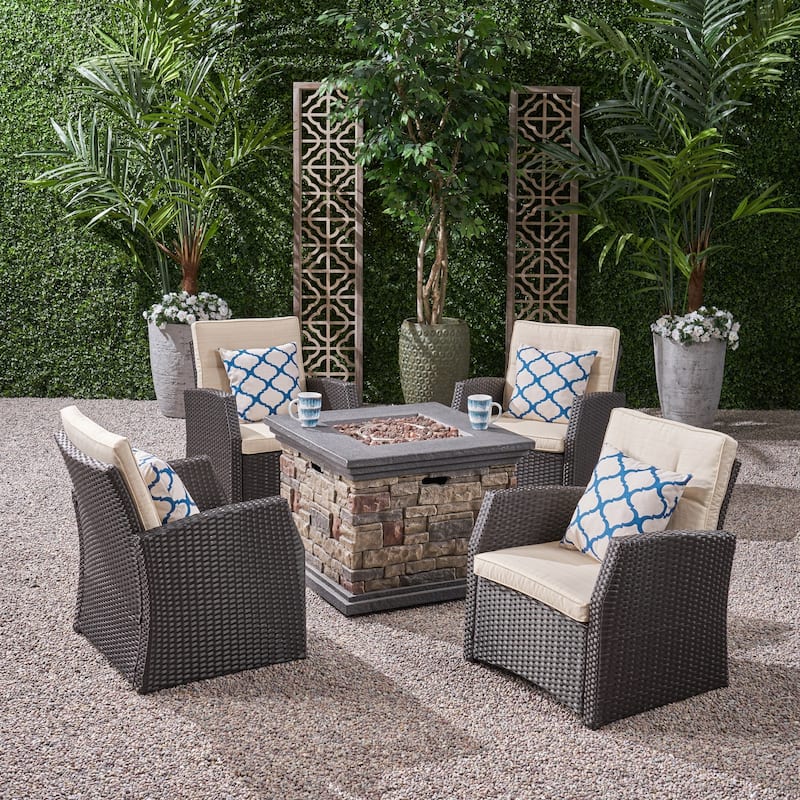 St. Marta Conversation Set with Fire Pit Cushioned Wicker Club Chairs(Set of 4) by Christopher Knight Home