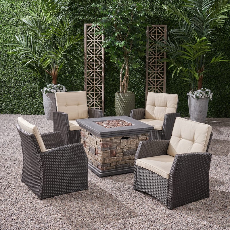 St. Marta Conversation Set with Fire Pit Cushioned Wicker Club Chairs(Set of 4) by Christopher Knight Home