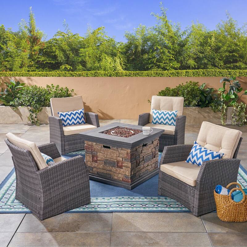 St. Marta Conversation Set with Fire Pit Cushioned Wicker Club Chairs(Set of 4) by Christopher Knight Home - gray + stone finish + beige cushion